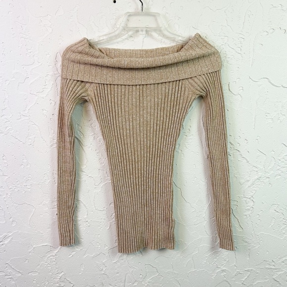 Vintage Y2K Tan Beige Ribbed Stretchy Off The Shoulder Sweater Knit Top Small - Picture 1 of 8